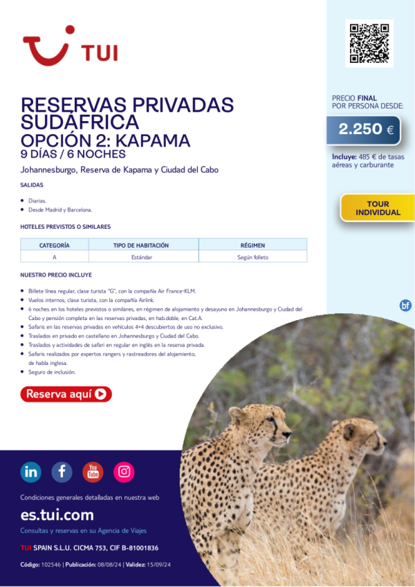 Reservas Privadas de Sudfrica. Opcin 2. 9 d/ 6 n. Tour Individual. Salidas diarias desde MAD y BCN