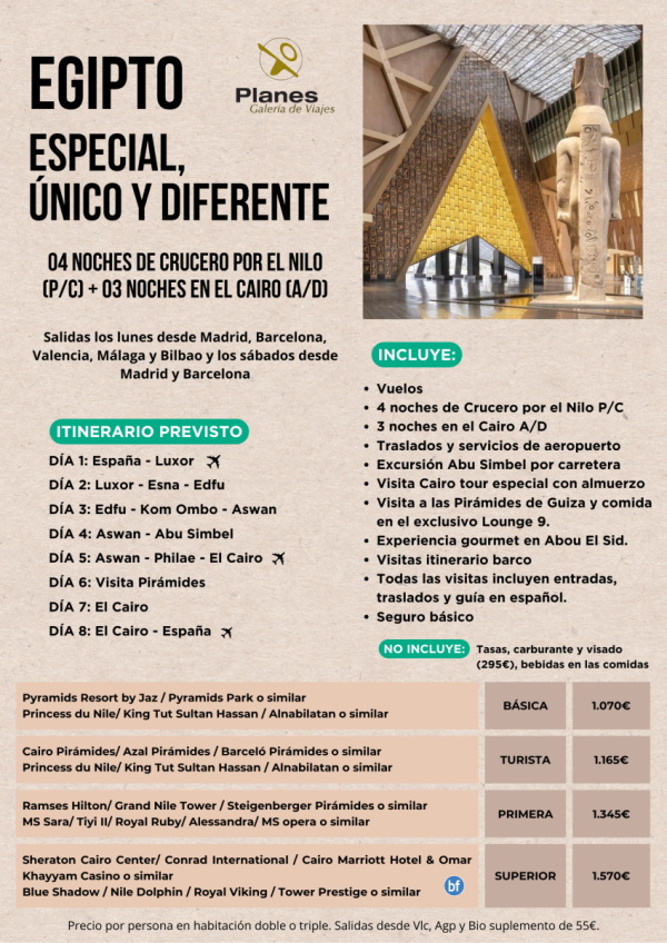 Vive Egipto diferente 7 noches: 4 crucero PC + 3 Cairo AD. Visitas exclusivas. Salidas lun y sab desde Madrid