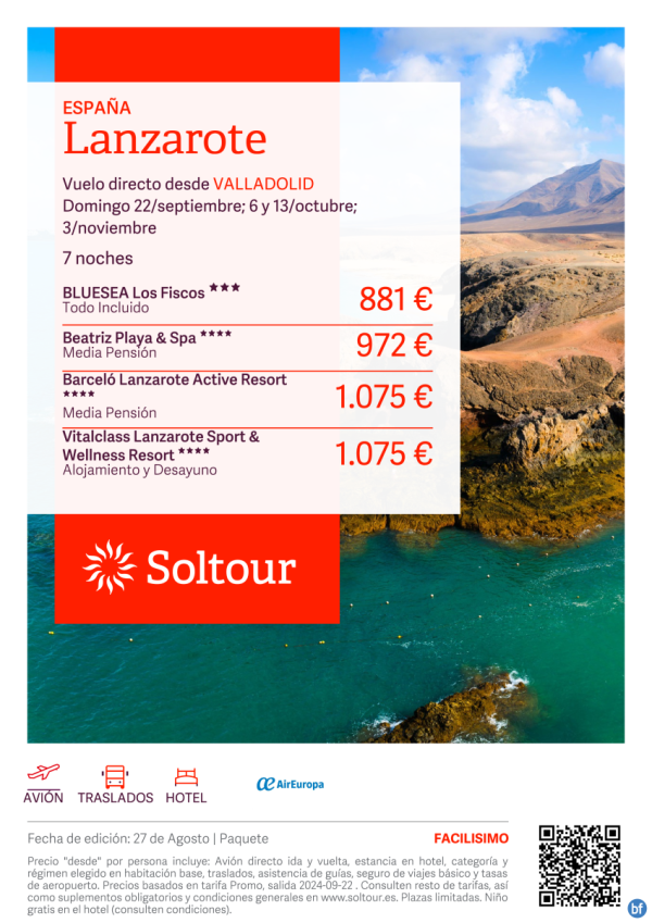 Lanzarote -salidas 22 Sep 6-13 Oct y 3 Nov desde Valladolid