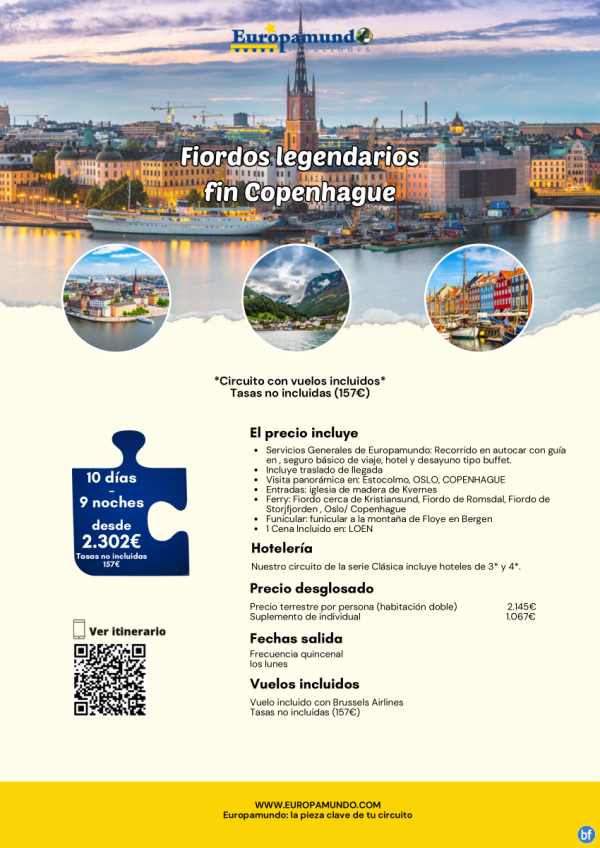 Fiordos legendarios fin Copenhague: 10 das desde 2.302 € (vuelos incluidos, tasas no incluidas)