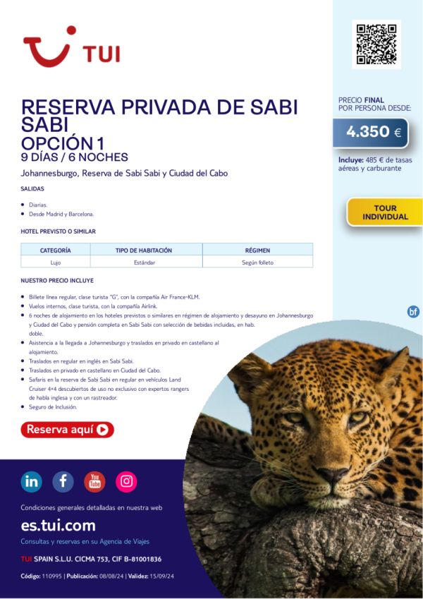 Sudfrica. Reserva Privada Sabi Sabi Opc. 1. 9 d/ 6 n. Tour Individual. Desde MAD. Precio final desde 4.350 € 