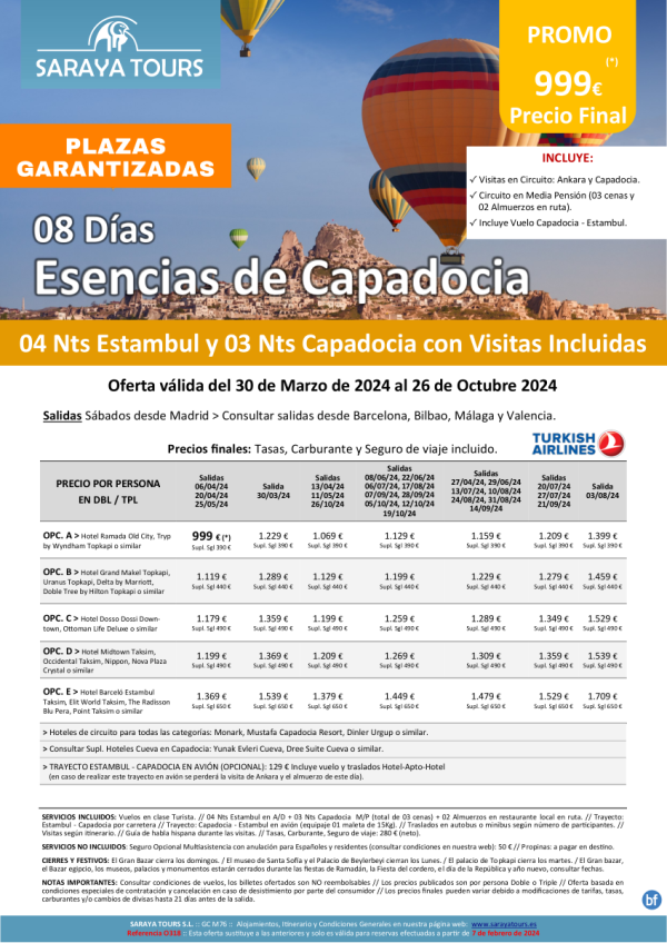 Exclusiva! Esencias de Capadocia 8d*Cupos Mad-Bcn-Bio-Agp-Vlc* Circuito con Visitas Incluidas hasta Oct 24