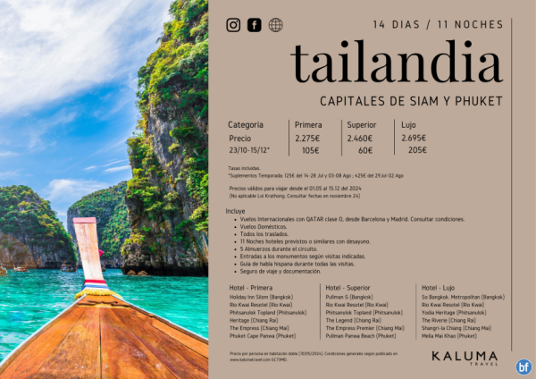 Tailandia Capitales de Siam y Playas de Phuket 14 Das / 11 Noches - hasta Marzo 2025 desde 2.155 € 