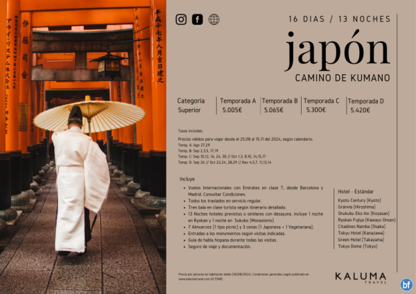 Japn Camino de Kumano 16 das / 13 noches - Salidas Garantizadas hasta Noviembre desde 4.970 € 