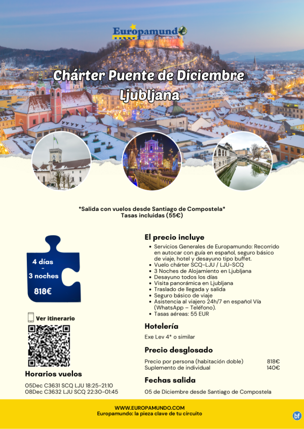 Chrter Puente de Diciembre Ljubljana desde Santiago de Compostela: 4 das 818 € (vuelos y tasas incluidas)