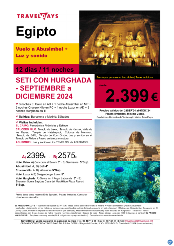 Egipto y Mar Rojo con Abu Simbel en avin - luz y sonido - Seti con HURGHADA ? 12 das desde 2.399 € 