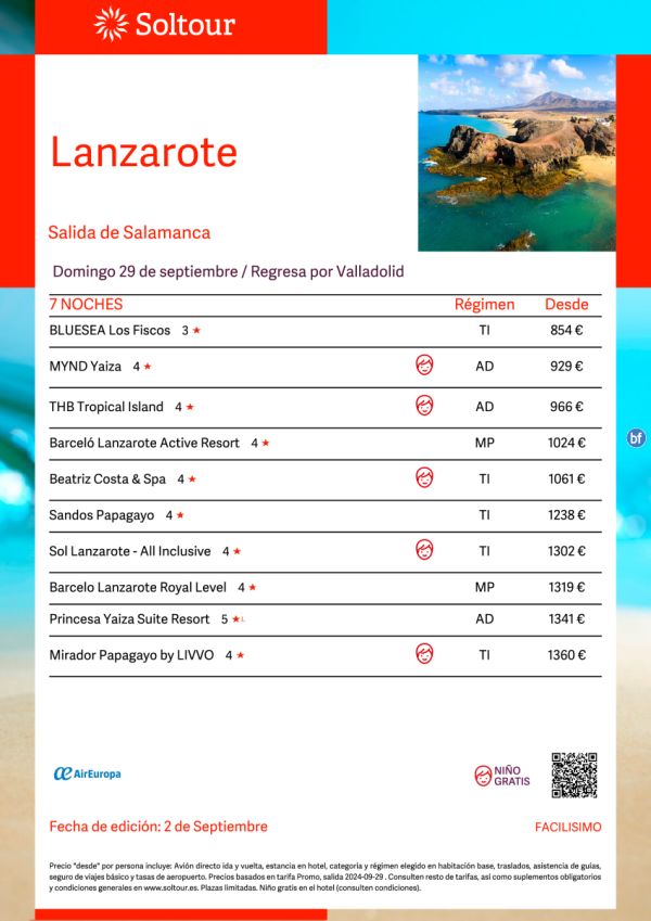 Lanzarote desde 854 € , salida 29 de Septiembre desde Salamanca