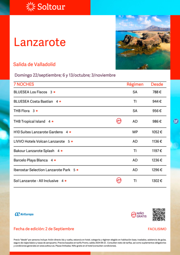 Lanzarote desde 788 € , salidas 22 Septiembre, 6 y 13 Octubre y 3 Noviembre desde Valladolid