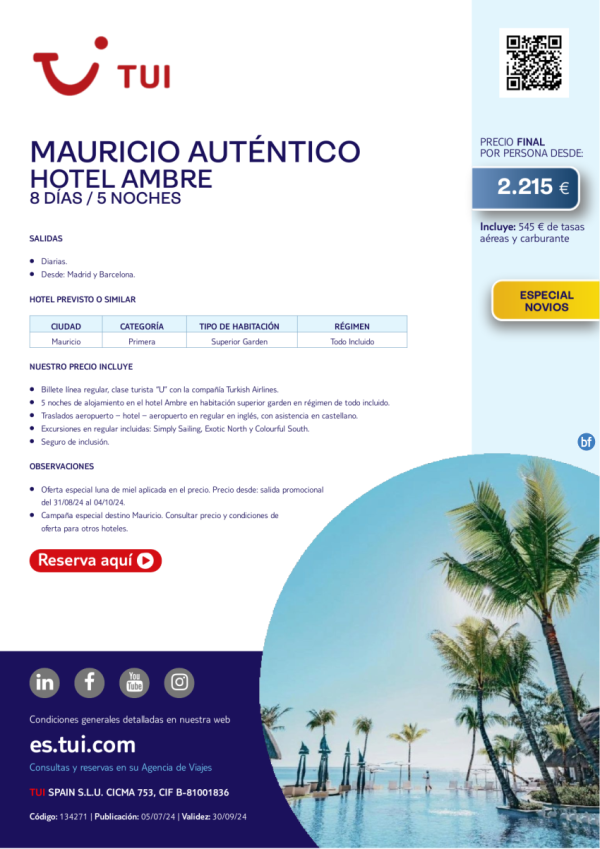 Mauricio Autntico. Hotel Ambre. 8 d / 5 n. Salidas diarias desde MAD y BCN desde 2.215 € 