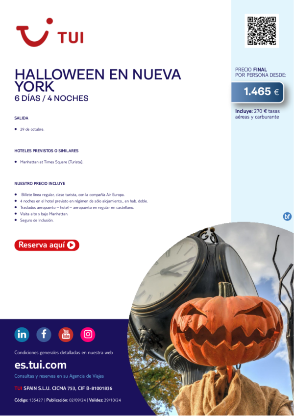 Halloween en Nueva York. 6 d / 4 n. Salida 29 OCT desde 1.465 € 