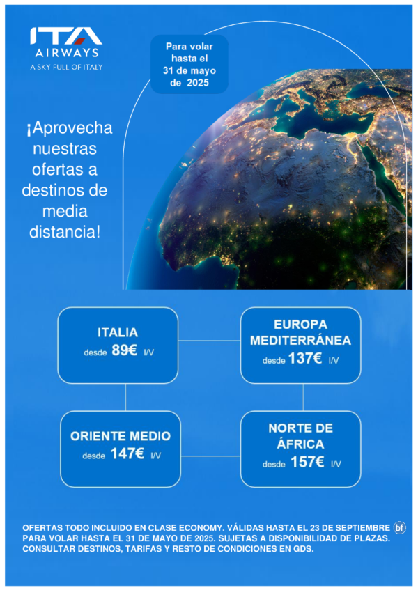 Oferta de ITA Airways a destinos de Italia, zona mediterrnea y Oriente Medio. Venta hasta el 23 de septiembre