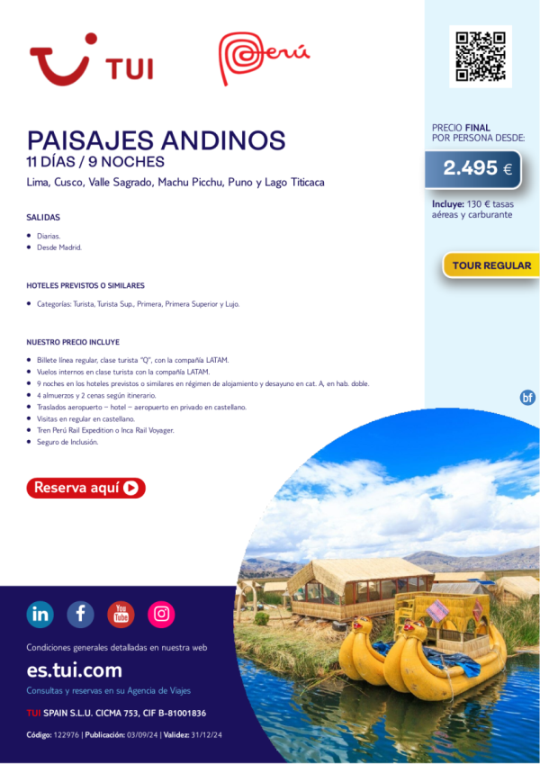 Per. Paisajes Andinos. 11 d / 9 n. Tour Regular. Salidas diarias desde MAD desde 2.495 € 