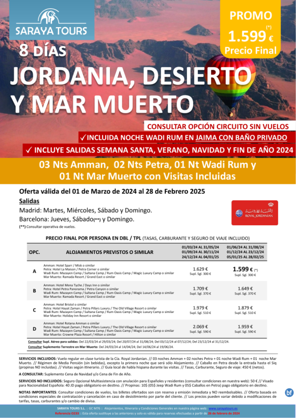 Promo! Jordania, Desierto y M.Muerto 8 das: Amman, Petra, Wadi Rum, M.Muerto con Visitas hasta Feb 25