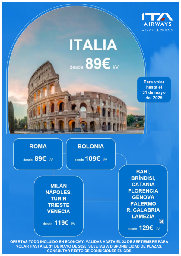 Promocin especial de ITA Airways a Italia. Venta hasta el 23 de septiembre para volar hasta el 31 de mayo.