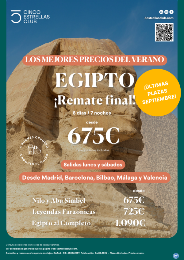 Remate Final Sept. Egipto desde 675 € Nilo y Abu Simbel 8d/7n sal. lunes-sab. dsd Mad,Bcn, Bio,Agp,Vlc chrter