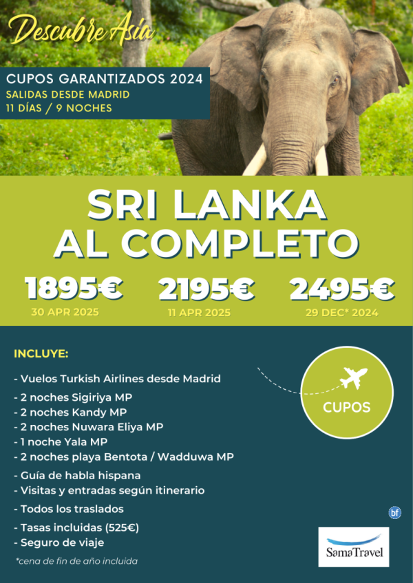 \-SRI LANKA al Completo\-: Circuito 11 das - Cupos Garantizados de Madrid de Diciembre a Abril **desde 1.895 € **