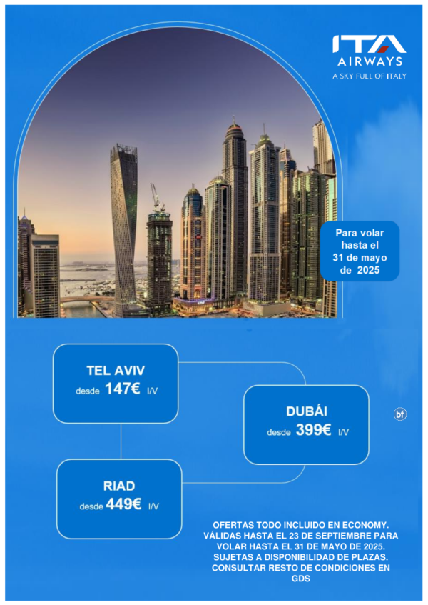 Promocin especial de ITA Airways a destinos en Oriente Medio. Venta hasta el 23sep para volar hasta el 31may