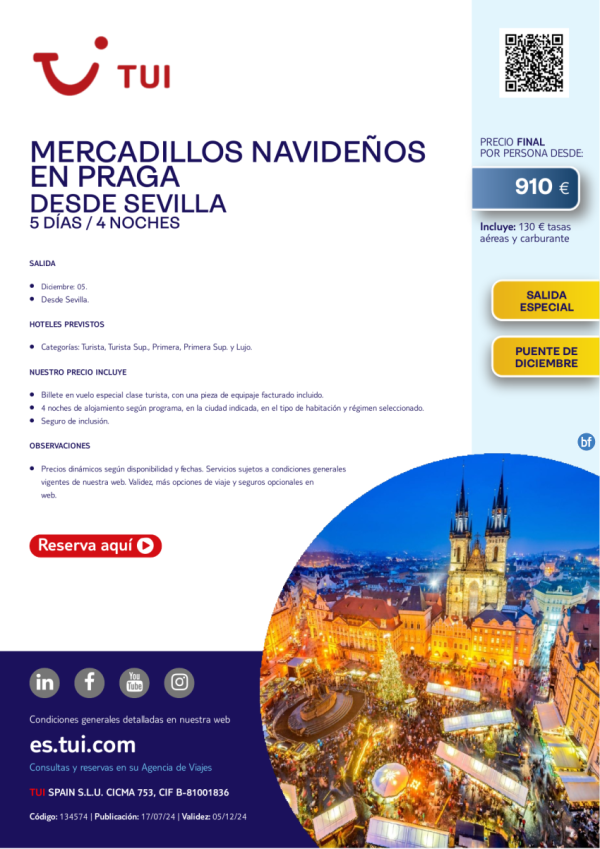 Puente de diciembre. Mercadillos Navideos en Praga. 5 d / 4 n. Salida Especial 05 dic desde Sevilla desde 910 € 