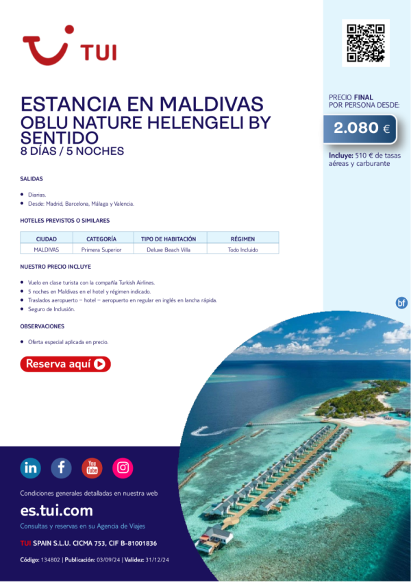 Estancia en Maldivas. Oblu Nature Helengeli by Sentido. 8 d / 5 n. Salidas diarias desde 2.080 € 