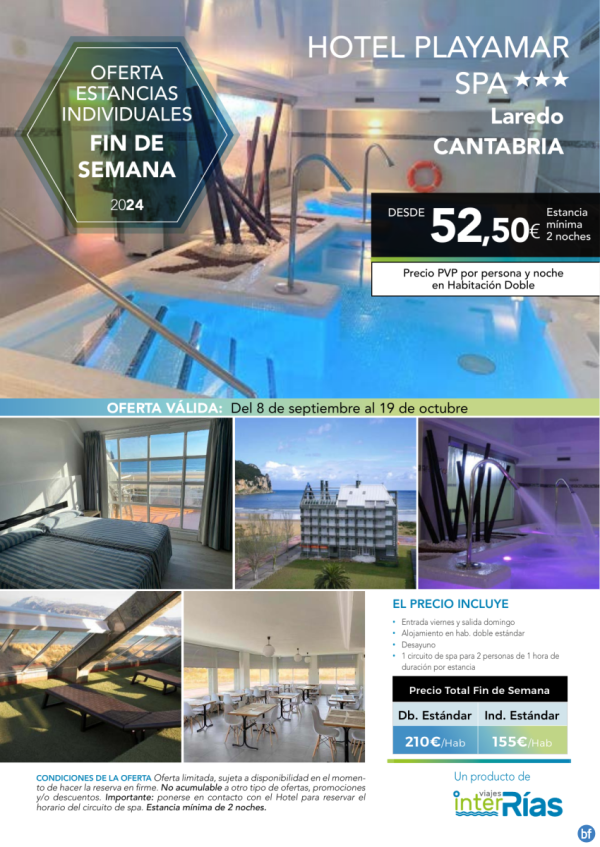 Fin de Semana Hotel Playamar Spa 3* (Laredo - Cantabria).- Hoteles para Individuales