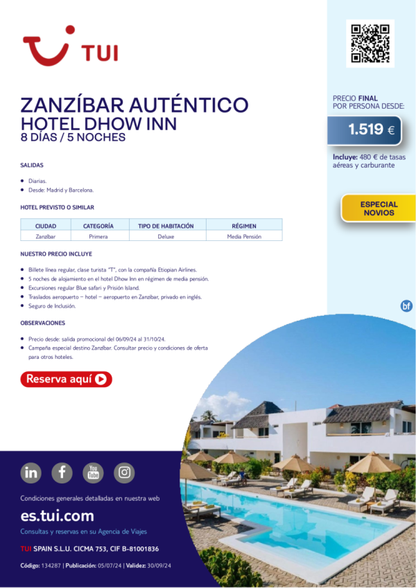 Zanzbar Autntico. Hotel Dhow Inn. Cat. Primera. 8 d / 5 n. Salidas desde MAD y BCN desde 1.519 € 