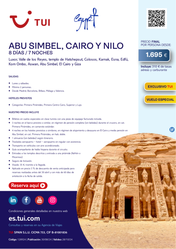 Egipto. Abu Simbel, Cairo y Nilo. 8 d / 7 n. Exclusivo TUI. Vuelo especial desde 1.695 € 