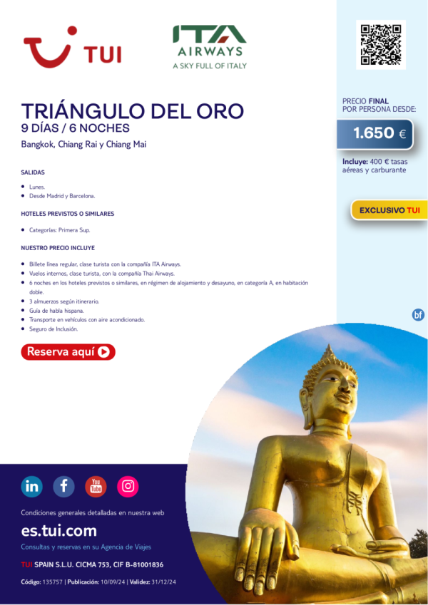 Tringulo del Oro. 9 d / 6 n. Exclusivo TUI. Vuelos con ITA Airways. Salidas desde Mad y Bcn desde 1.650 € 