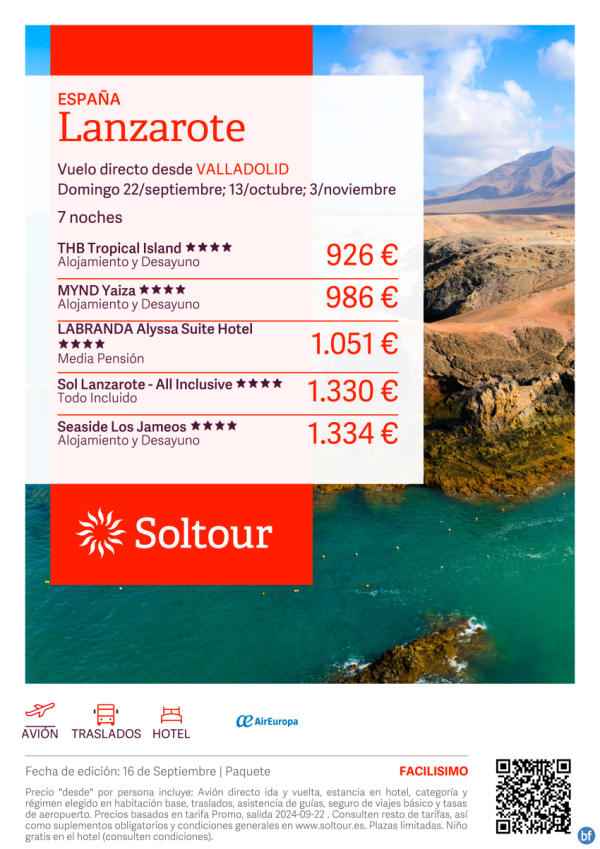 Lanzarote desde 926 € , salidas 22 Septiembre, 13 Octubre y 3 Noviembre desde Valladolid