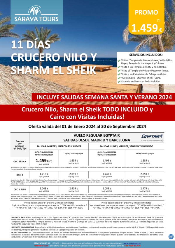 Crucero Nilo y Sharm el Sheik 11d Salida Diaria dsd Mad y Bcn *Crucero, Sharm Sheik T.I. y Cairo con Visitas*