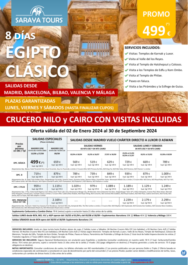 Egipto Clsico 8d Vuelo a Lxr o Asw *Ln-Vn-Sb* Mad, Bcn, Bio, Vlc, Agp *crz y cai con visitas dsd 459 € 