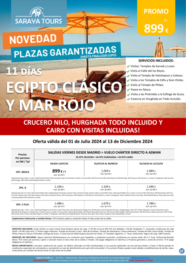 Novedad!Egipto clsico y Mar Rojo 11 d * Viernes dsd Mad*Crz,Hurghada y Cairo. Visitas Incl. dsd 1059 € *Cupos*