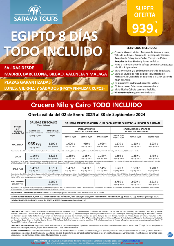 Egipto Todo Incluido 8d! *Ln-Vn-Sb* Mad, Bcn, Bio, Vlc, Agp *Crz y Cai con visitas, visado y propinas dsd 899 € 