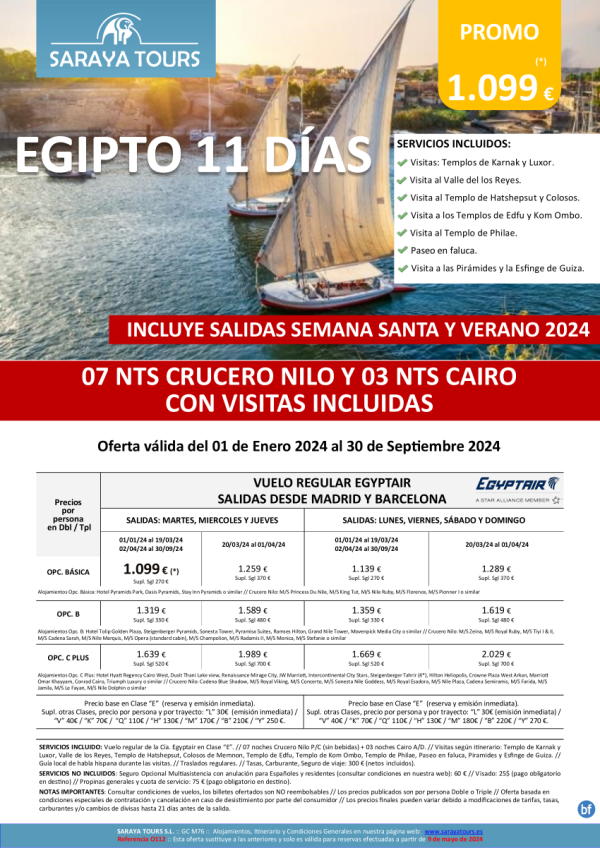 Promo! Egipto 11 das Salida Diaria dsd Mad y Bcn *Crz y Cairo con Visitas Incluidas* hasta Sep 24