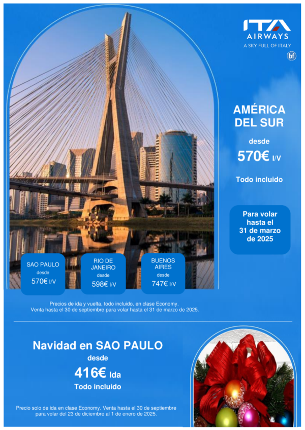 Amrica del Sur desde 570 € IV para volar hasta el 31 de marzo y  Navidad en Sao Paulo desde 416 € Ida.