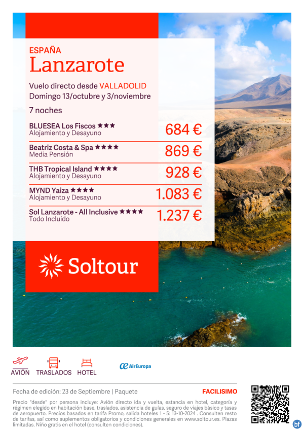 Lanzarote desde 684 € , salidas 13 Octubre y 3 Noviembre desde Valladolid