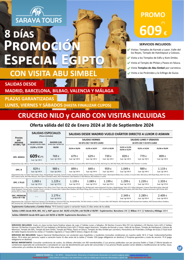 Promo Egipto con Abu Simbel 8d: Vuelo a Lxr o Asw *Ln-Vn-Sb* Mad, Bcn, Bio, Vlc, Agp *crucero y cairo dsd 569 € 