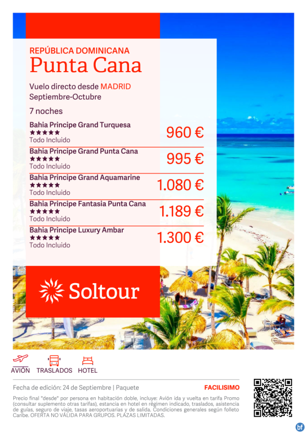 Punta Cana (Repblica Dominicana) en Hoteles Bahia Principe desde 960 € , salidas de Septiembre-Octubre desde Madrid