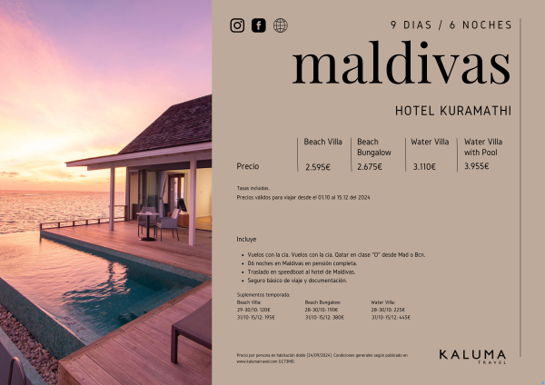 Asombrosa Maldivas Hotel Kuramathi 6 noches en *Pensin Completa* hasta Diciembre desde 2.510 € 