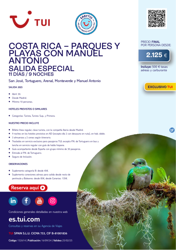 Parques y Playas con Manuel Antonio. 11 d / 9 n. Easy TUI. Exclusivo TUI. 30 abr desde MAD desde 2.125 € 