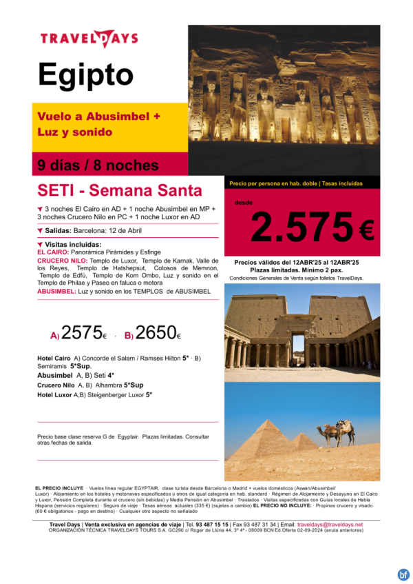 SETI semana santa 2025 - 12 abril - 9 das de viaje con noche en Abusimbel a partir de 2.575 € 