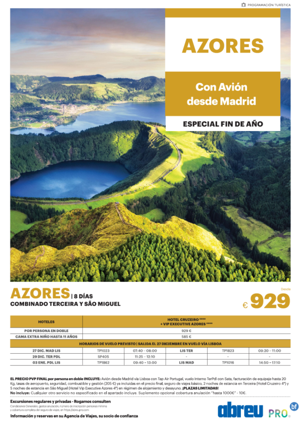 Azores Combinado 2 Islas desde Madrid salida 27 Dic 8 dias