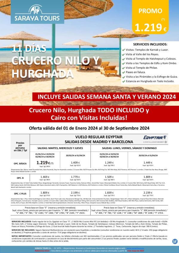 Crucero Nilo y Hurghada 11d Salida Diaria dsd Mad y Bcn*Crucero, Hurghada en T.I. y Cairo con Visitas Incl*