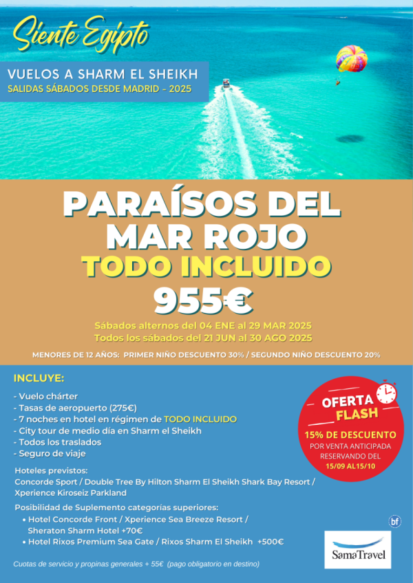 \-Sharm El Sheikh - Parasos del Mar Rojo 2025\- 8 das TI 5* [Chrter] Reservando del 15/09 al 15/10 - DTO 15%