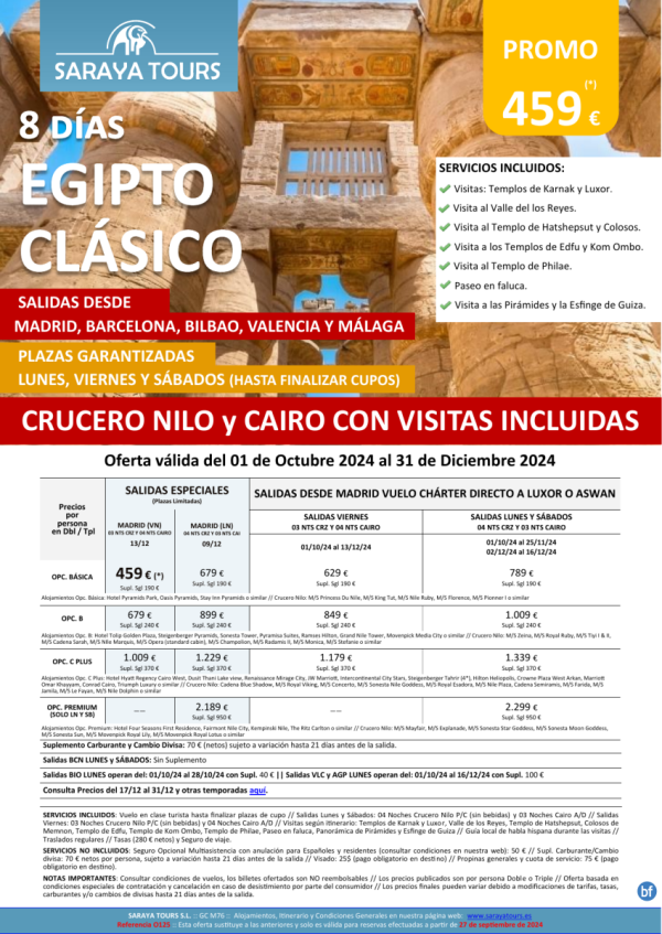 Egipto Clsico 8d Vuelo a Lxr o Asw *Ln-Vn-Sb* Mad, Bcn, Bio, Vlc, Agp *crz y cai con visitas dsd 459 € 