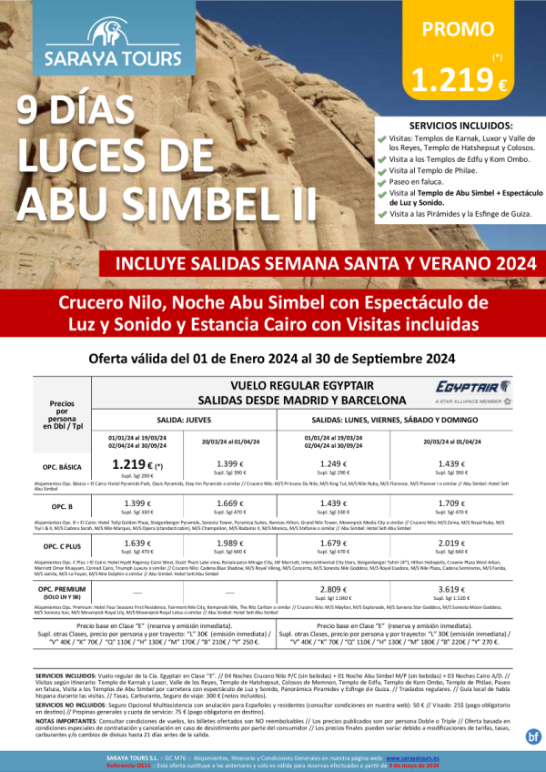 Luces de Abu Simbel 9d dsd Mad y Bcn*Crrucero, Noche en Abu Simbel+Espectculo y Cairo con Visitas*hasta Dec24