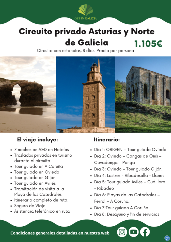 Circuito Privado Asturias y Norte de Galicia en A&D en Hoteles. Traslados privados. 8 das / 7 noches. 1.105 € 	