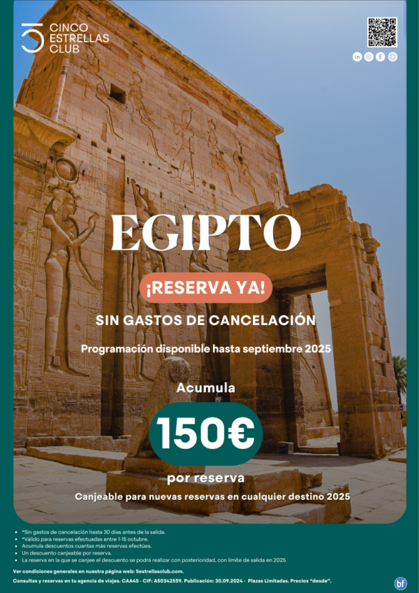 NOVEDAD!! Reserva ya EGIPTO hasta Septiembre 2025 sin gastos de cancelacin y acumula 150 € por reserva