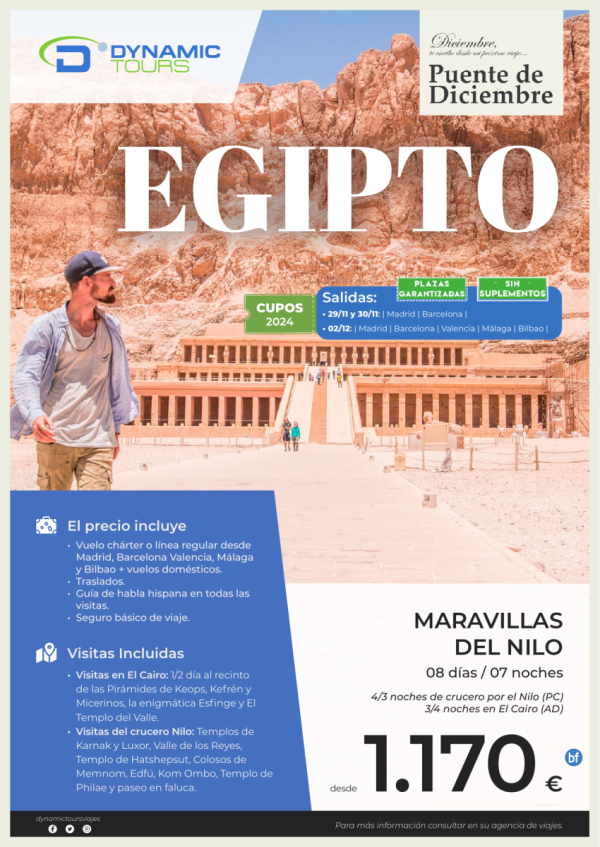 EGIPTO?Pte. Dic.??Maravillas del Nilo?(3/4n cru + 4/3n cai) ? salidas: mad, bcn, agp, vlc, bio?desde 1.170 € 