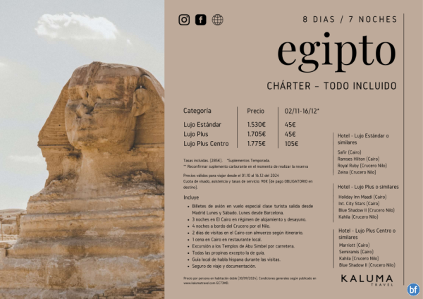 Charter Egipto Todo Incluido - Salidas desde Barcelona y Madrid hasta Diciembre desde 1.530 € 