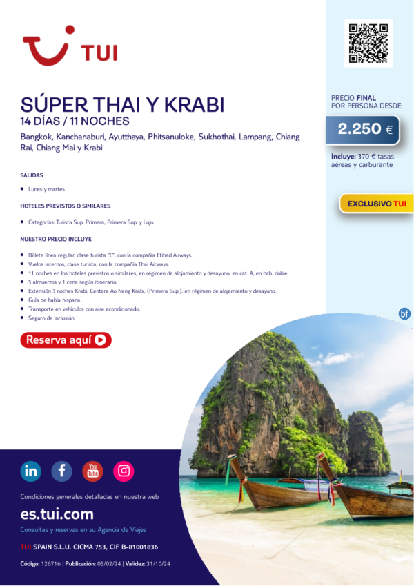 Sper Thai y Krabi. 14 d / 11 n. Exclusivo TUI. Salida lunes y martes desde 2.250 € 